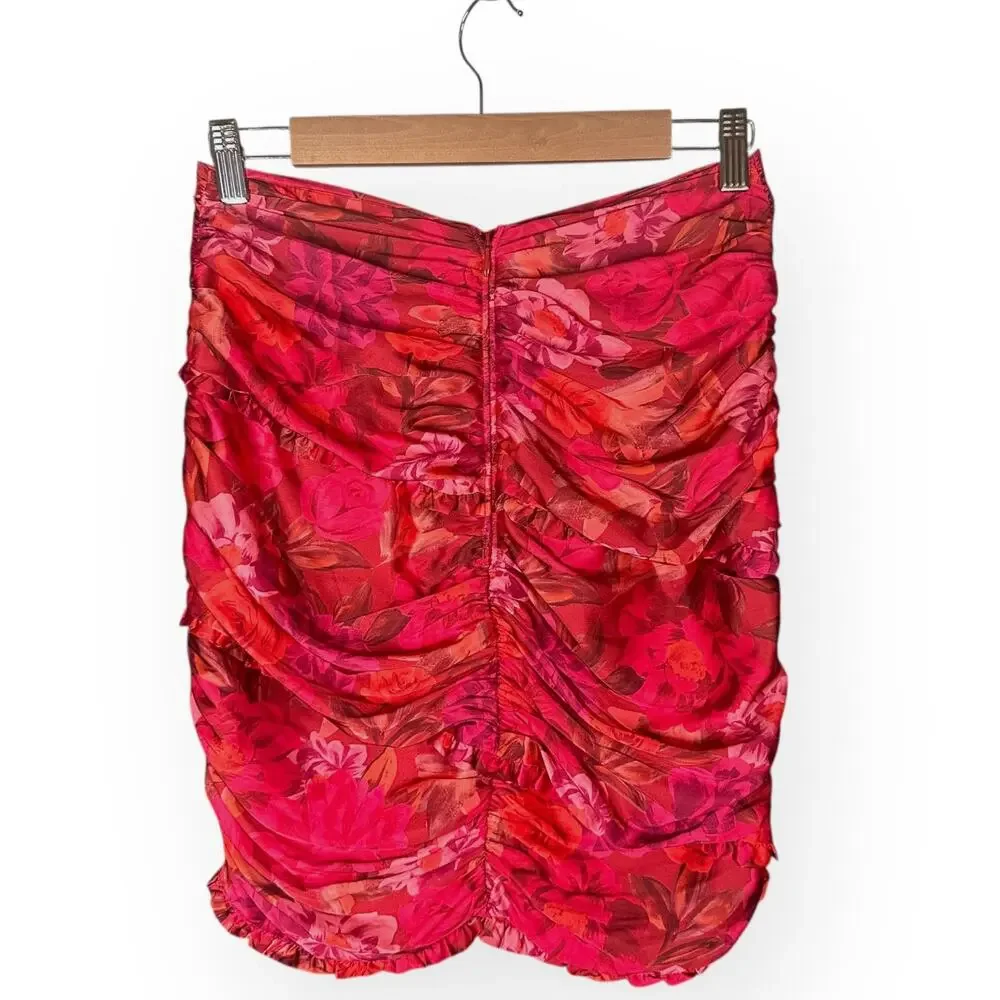 FOR LOVE & LEMONS Alia Floral Satin Mini Skirt Red Ruched Ruffle Festival Club